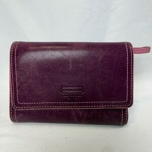 Coach Trifold Wallet Womens Small Purple Pink Leather Two Tone Compact Clutch